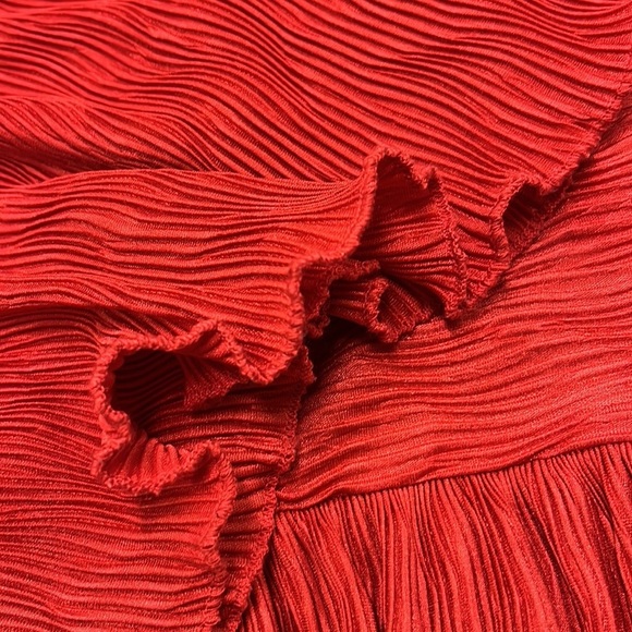 ZARA Kimono SLV Shimmer Ribbed Draped Lettuce Edge V-Neck Red Midi Party Dress S - Picture 12 of 16